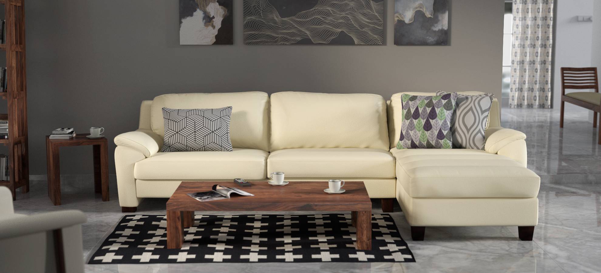 Farina Half Leather Sectional Sofa (Cream Italian Leather)